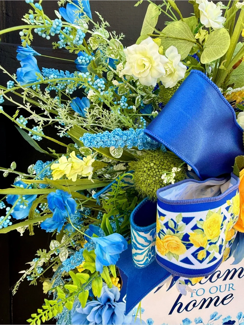 Hand Crafted Blue and Yellow Welcome Home Door Wreath